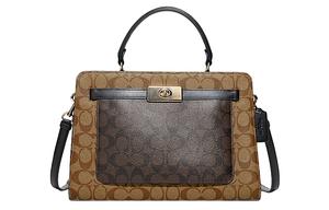 COACH Сумка Lane Canvas с кожаной отделкой, женская наплечная сумка, кросс-боди большая, цвета khaki и brown
