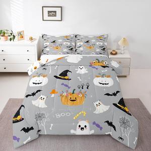 Erosebridal Комплект постельного белья Cute Halloween с принтом привидений, паутины, тыкв и летучих мышей для детей, Grey