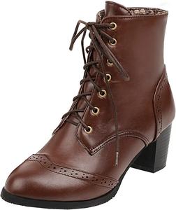 Женские ботильоны с крыловидным носком, массивным каблуком, на шнуровке, с круглым носком, винтажные, с массивным каблуком, праздничные туфли, удобная зимняя обувь Hhhchpm, Brown