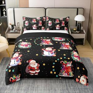 Erosebridal Комплект постельного белья с новогодним принтом Санта Клаус и снеговик 100% хлопок желтые звезды и горошек, Black