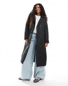 Длинное двубортное стеганое пальто Brave Soul с поясом черного цвета