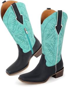 Женские ковбойские сапоги LISHAN с квадратным носком, Mid Calf Blue Black