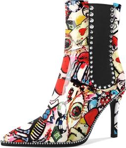 Женские ботильоны SAMMITOP с зауженным носком, высоким каблуком-стилето, челси, модные, с серебристыми бусинами и заклепками, короткие ботинки с задней молнией, каблук 10 см