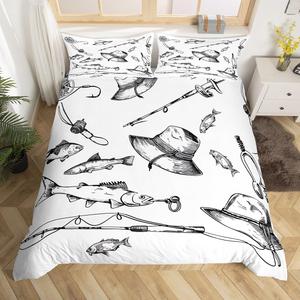 Erosebridal Комплект постельного белья Hunting and Fishing с принтом морских животных в черно-белой гамме, Fish Hook