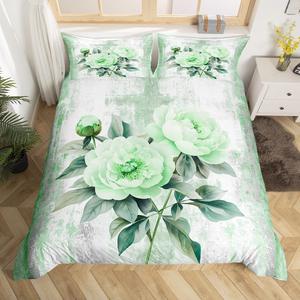Erosebridal Комплект постельного белья Watercolor Peony Flowers с абстрактным принтом в стиле омбре зеленый серый белый, Green Peony