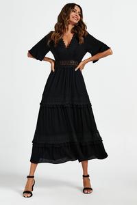 Черное платье макси с V-образным вырезом и кружевной отделкой FS Collection, черный