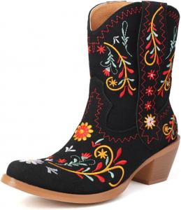 Женские ковбойские сапоги Aflngle с цветочной вышивкой в западном стиле, квадратный носок, низкий массивный каблук, средняя голень, модные повседневные винтажные ботильоны на ножку, короткие сапоги для езды, Black