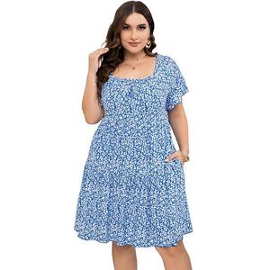 Платье летнее Plus size с квадратным вырезом и рукавами-фонариками Seoria, Blue Flower