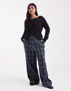 Широкие брюки Curve с завязкой на талии в матовую темно-синюю клетку Asos Design