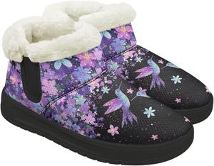 Женские зимние ботильоны без застежки для снега, легкие, теплые, с меховой подкладкой, противоскользящие, короткие уличные ботинки, размеры 4.5-12 Chririnla, Purple Flower Hummingbird