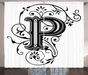 Штора ABAKUHAUS Письмо P в деревенском стиле, с инициалом Floral Essence, присборенная тесьма для спальни с петлями и крючками, 280 x 175 см, цвет: черный, белый, серый Abakuhaus