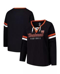Женская черная футболка Cincinnati Bengals Plus Size Won Done со шнуровкой и V-образным вырезом с длинным рукавом Fanatics