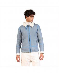 Мужская замшевая куртка в стиле райдер нежно-голубого цвета с контрастной подкладкой из искусственной овчины Campus Sutra, Blue