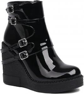 Женские ботильоны на танкетке из лакированной кожи с боковой молнией, модной пряжкой, удобным округлым носком, платформой для увеличения роста, ботинки для осени и зимы, на вечеринки, свидания, под платья LOVEHEYNEW, Black-Painted