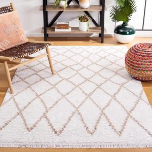 Ковер SAFAVIEH, 122 x 183 см, Augustine Collection, Ivory & Beige, Moroccan Boho Trellis Fringe Design, без линьки и простой в уходе, идеален для помещений с высокой проходимостью: прихожая, гостиная, спальня (AGT850A)