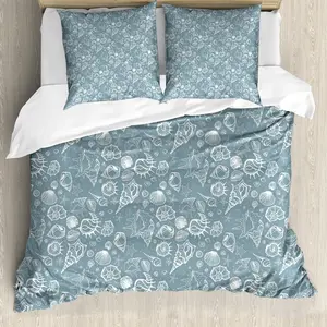 Пододеяльник ABAKUHAUS Морские ракушки, с рисунком в стиле каракулей, с защитой от клещей, подходит для аллергиков, с наволочками, 200 см x 200 см - 80 x 80 см, синий, серый, белый Abakuhaus