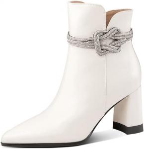 Женские ботильоны TinaCus с острым носком, ручной работы, боковой молнией, из натуральной кожи, с высокими средними массивными каблуками и стразами, Beige