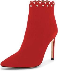 Женские элегантные ботильоны XYD с жемчугом, высокие туфли на шпильке, закрытым заостренным носком, короткие ботильоны для вечеринок и вечеров с задней молнией, Red
