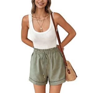 Женские шорты в стиле бохо с присборенной талией, отделкой в виде ажурных отверстий и шнурком для летнего отдыха на пляже Clearflower, Green