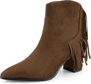 Женские элегантные ботильоны sarawill с низким массивным каблуком, заостренным носком, имитацией замши, бахромой, удобным блочным каблуком и боковой молнией для офиса, Brown