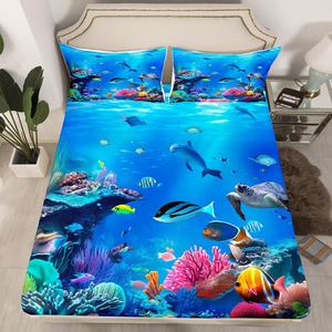 Erosebridal Комплект постельного белья 3D Ocean Fish с морскими черепахами и акулами в синем цвете для детей, Multi 17