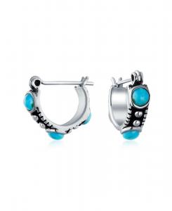 Серьги-кольца в стиле балийского бохо с фианитами, бирюзой, карнеолом и ониксом, серебро 925 пробы Bling Jewelry, Blue turquoise