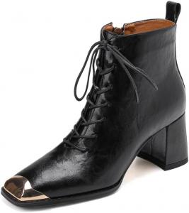 Женские ботинки KAGAA с квадратным носком из коровьей кожи, на молнии, больших размеров, с массивным каблуком, шнуровкой, средней высоты каблук 6 см, ручной работы, теплые ботильоны для женщин kagaa128, Black