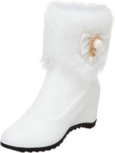 Женские зимние ботинки из искусственной кожи на танкетке с пушистой боковой застежкой-молнией, для прогулок на снегу, комфортные и теплые короткие ботильоны Generic, White