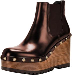 Женские ботильоны FSJ с массивным деревянным каблуком на платформе, круглым носком, заклепками и заклепками, челси с эластичной вставкой, модная обувь на каждый день, размеры 4-16 US, Brown