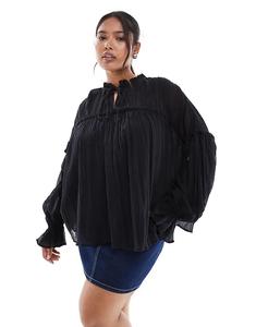 Топ ASOS DESIGN Curve с длинными рукавами, завязкой на вороте и оборками, черный Asos Curve