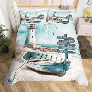 Erosebridal Морской комплект постельного белья с принтом парусников и маяков для детей, White Blue Brown