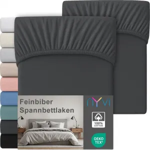 Простыня на резинке Deluxe из фланели для матрасов глубиной до 25 см - очень теплая и мягкая, 100% хлопок, не требует глажки, предварительная усадка, цвет: антрацит, размер: 180x200 см (комплект из 2 шт.) NYVI