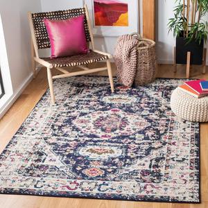 Ковер SAFAVIEH, 201 x 201 см, Madison Collection, Navy & Ivory, дизайн Boho Chic с медальоном и эффектом потертости, не линяет и прост в уходе, идеален для помещений с высокой проходимостью в гостиной, спальне (MAD468N)