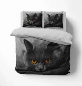 Комплект постельного белья 3D "Черный кот", пододеяльник 135x200 см + наволочка 80x80 см, двусторонний, 2 предмета, черный, серый, с застежкой-молнией FEBE