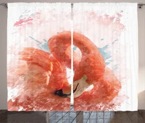 Штора ABAKUHAUS Фламинго в деревенском стиле, экзотическая птица, акварель, универсальная ленточная штора для гостиной с петлями и крючками, 280 x 245 см, цвет: оранжево-белый Abakuhaus