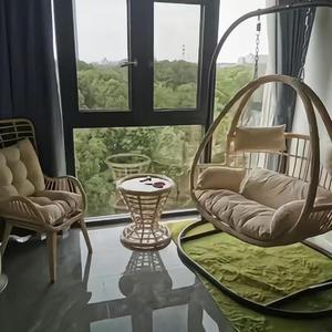 Quanpinwu Подвесное кресло-качалка из ротанга для двоих, бежевый комплект из 3 предметов с подушкой и ковриком