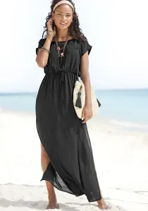 LASCANA пляжное платье из слегка прозрачной ткани, платье макси с разрезом, летнее платье, черный