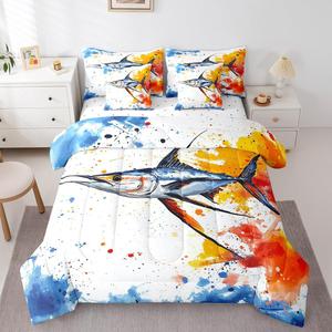 Erosebridal Комплект постельного белья 7Pcs с принтом рыбалки и щуки, Blue Orange White