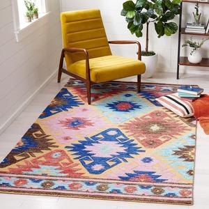 Ковер SAFAVIEH, 122 x 183 см, Aspen Collection, Gold & Blue, ручной работы, бохо-племенной стиль, юго-западный, шерстяной, идеально для помещений с высокой проходимостью: прихожая, гостиная, спальня (APN452D)