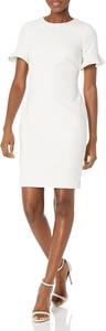 Женское платье-футляр Calvin Klein с круглым вырезом и короткими рукавами и оборками, Latte