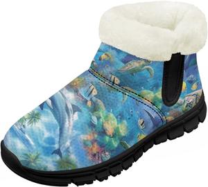 Детские зимние ботинки для девочек с меховой подкладкой, с короткой подошвой, противоскользящие, легкие уличные теплые ботинки для малышей Pointodoor, Cute Dolphin Turtle