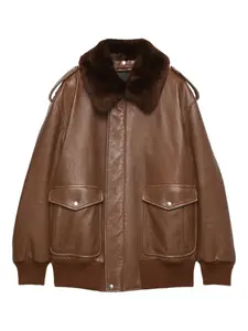 Кожаная куртка с воротником из овчины Prada, коричневый