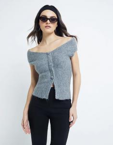 Трикотажный топ с открытыми плечами серого цвета River Island