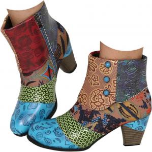 Женские осенние ботильоны на щиколотку с массивным каблуком, винтажные ретро с вышивкой, короткие ковбойские ботинки, модные повседневные с острым носком, боковой молнией, нарядные вестерн-ботильоны, удобные для ходьбы JYSwoshoe, C-Multicolour