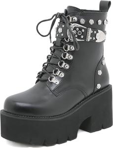 Женские ботильоны на массивном каблуке с платформой, готические боевые ботинки на высоком каблуке, короткие ботинки с заклепками, пряжкой и шнуровкой, панк-бутсы ZPRGZPG, Black-11