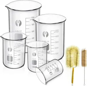 Набор из 5 мерных стаканов из боросиликатного стекла, 1000 мл, 500 мл, 250 мл, 100 мл, 50 мл с носиком, 2 щеточки для чистки Sonstige