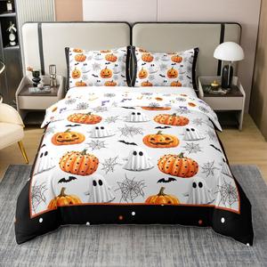 Erosebridal Комплект постельного белья из 100% хлопка с тематикой Хэллоуин: тыквы, привидения и паутина, Orange White Black