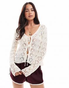 Мисс Селфридж вязаный крючком топ с завязками спереди и рукавами-фонариками кремового цвета Miss Selfridge