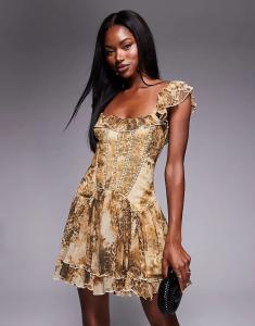 Мини-платье ASOS DESIGN с оборкой, корсетом и заниженной талией, с анималистичным принтом