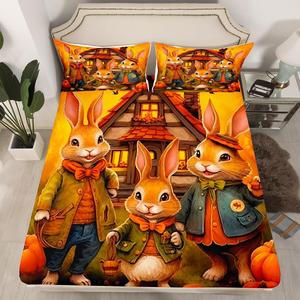 Erosebridal Детский комплект постельного белья с кроликами в деревенском стиле, хлопковый материал, тематика фермы и тыкв, Green Orange